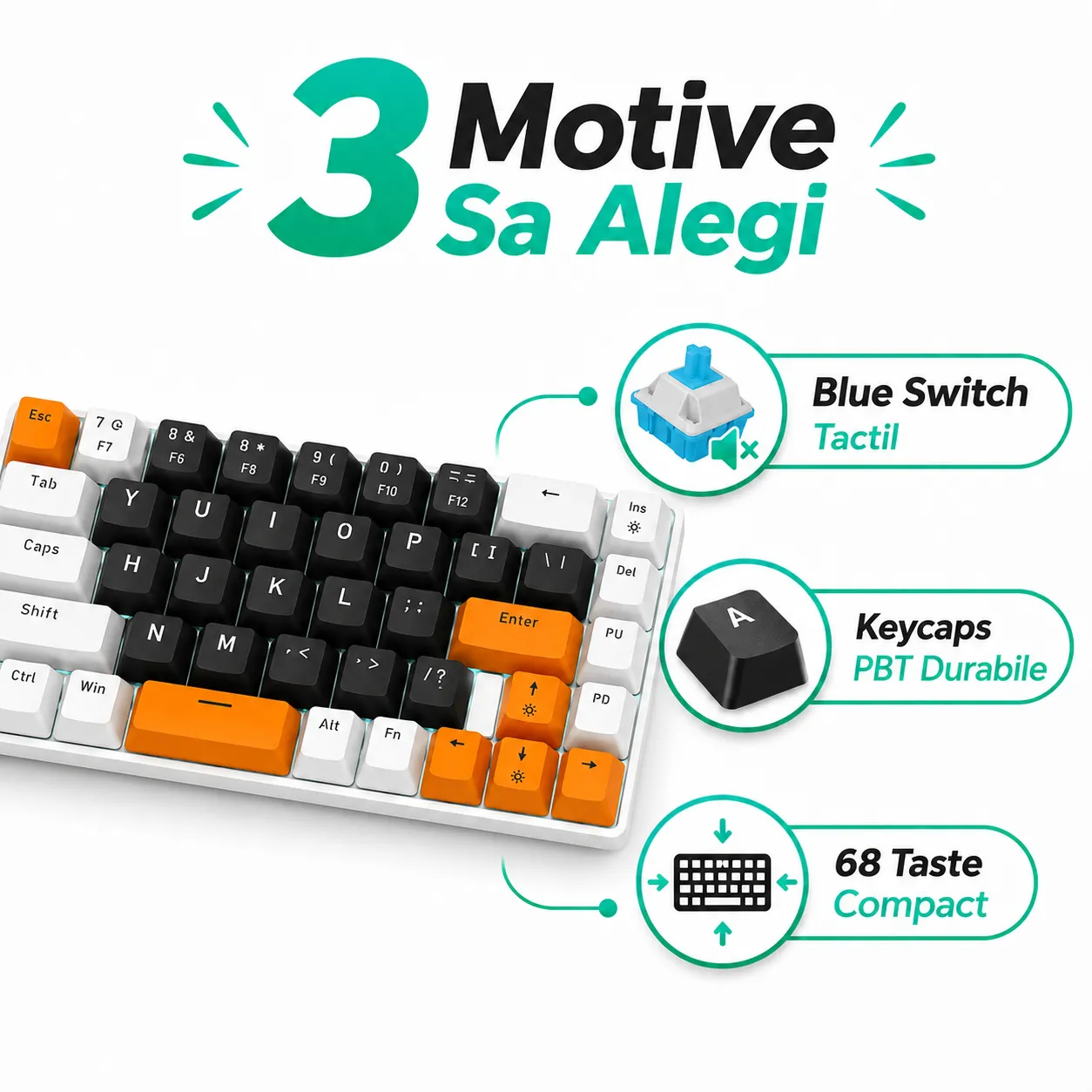 Timebox Tastatura mecanica gaming 60% Blue Switch portocalie