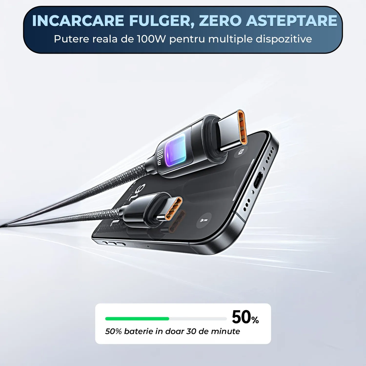 Timebox 100W cablu USB-C bej 1,2m LED nylon