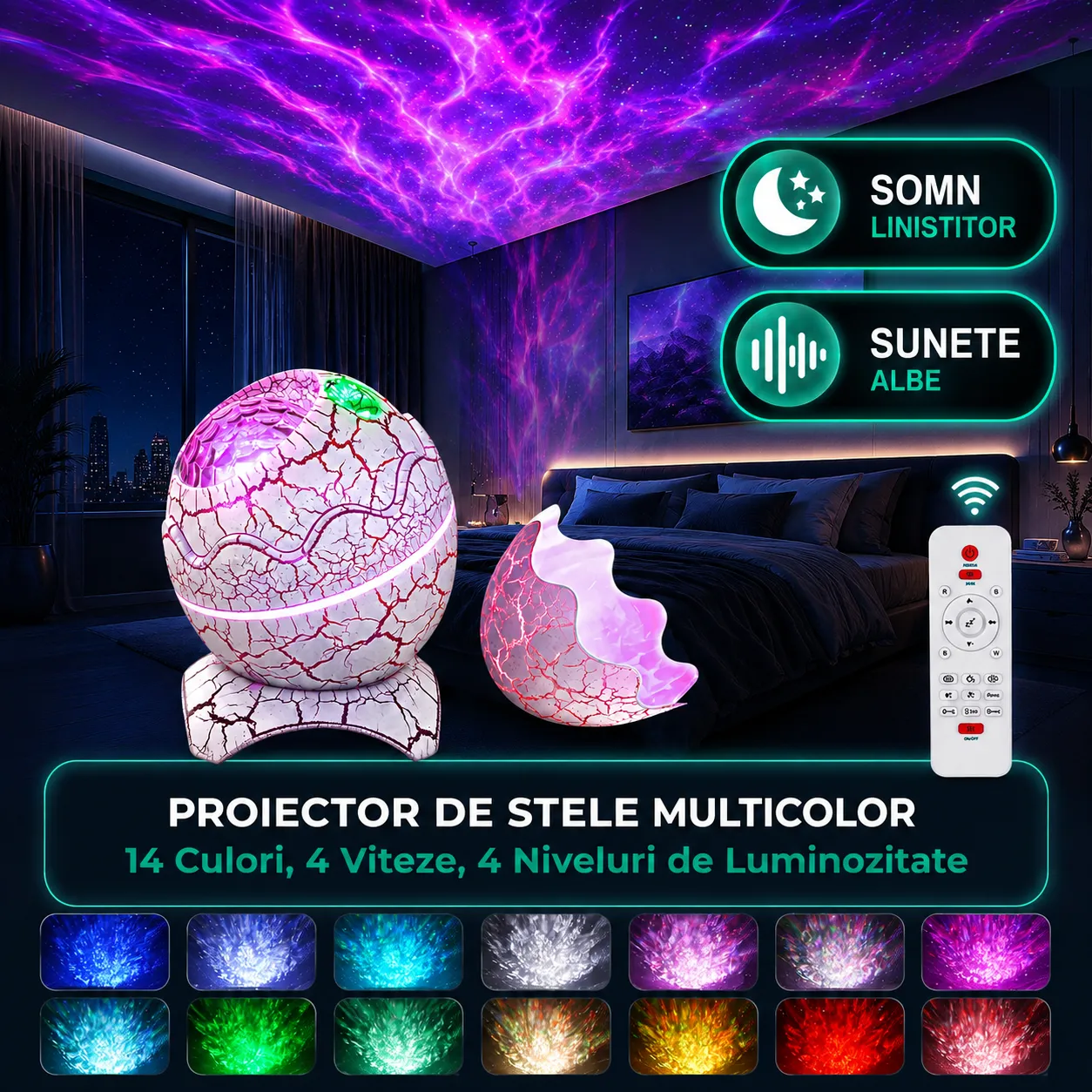 Timebox Proiector Galaxie Lampa Noapte Sunete Albe Alb