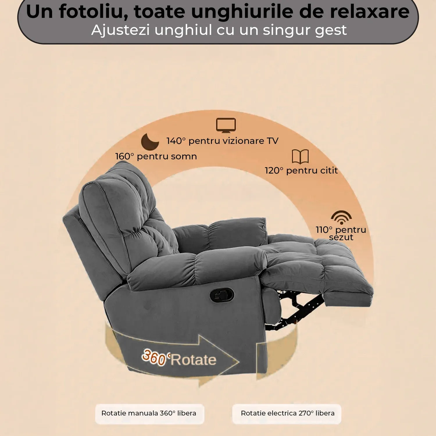 Timebox Recliner Modern fotoliu gri reclinabil