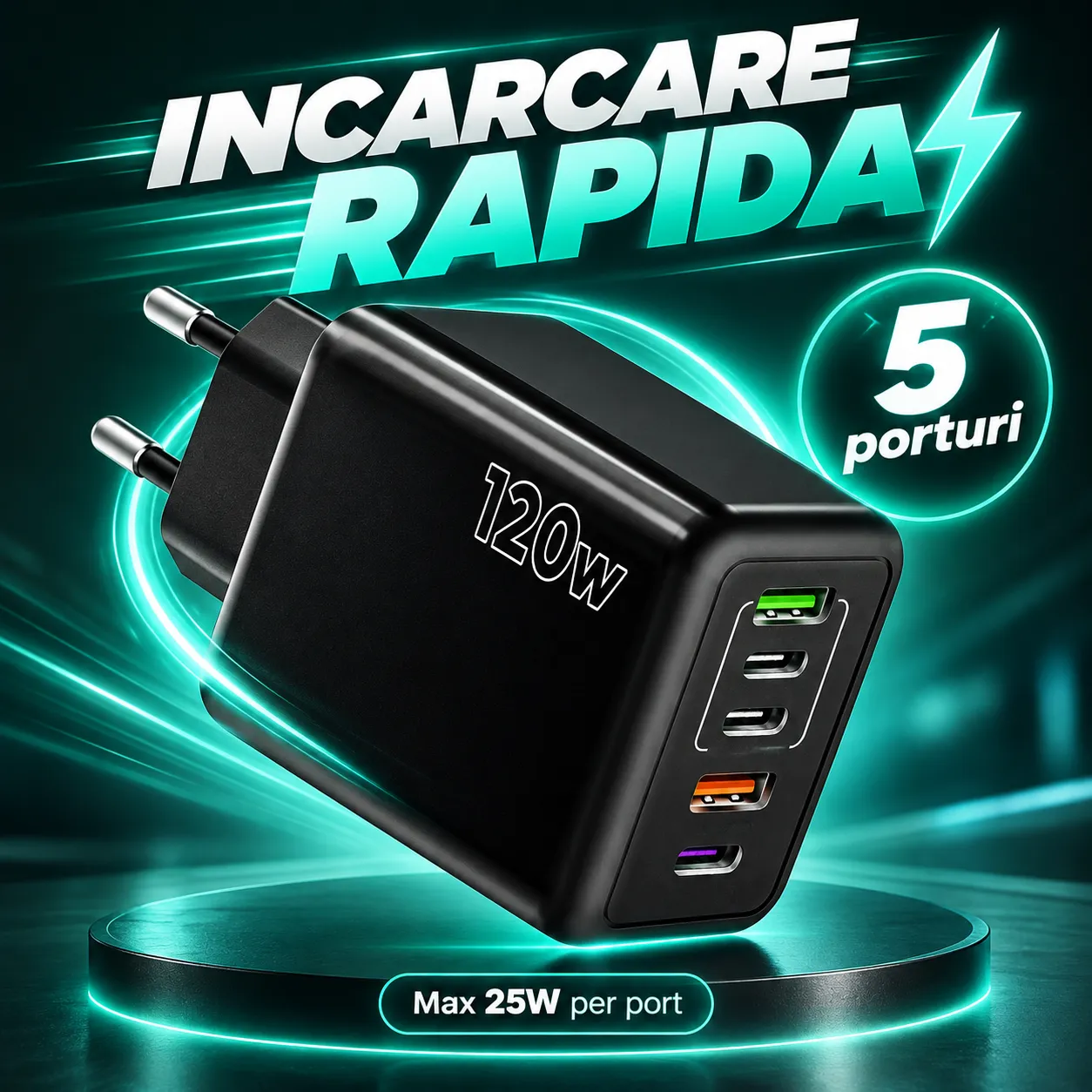 Timebox Încărcător rețea 5 porturi 120W 3x Type-C negru