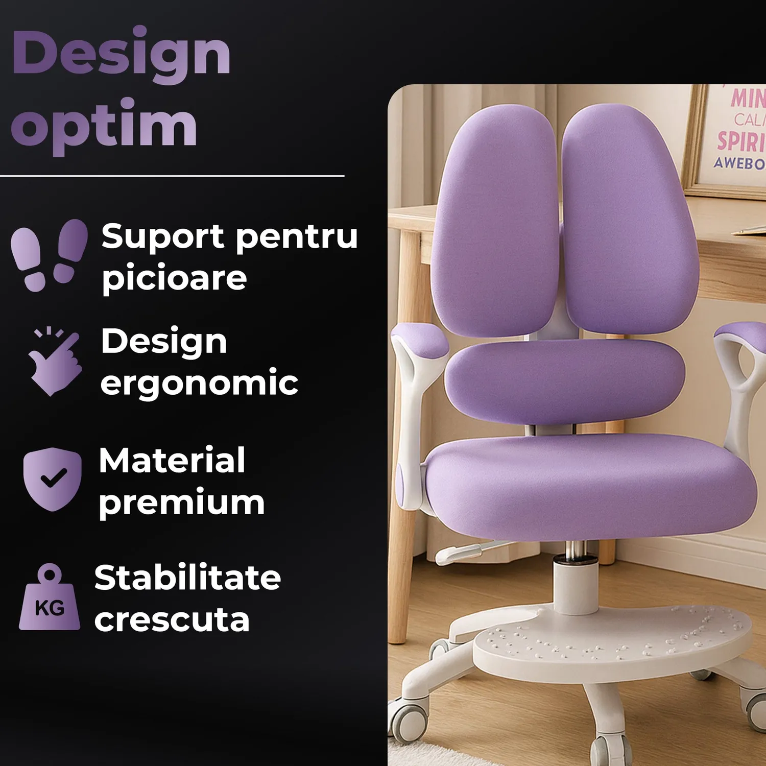 Timebox 6D scaun ergonomic copii mov reglabil