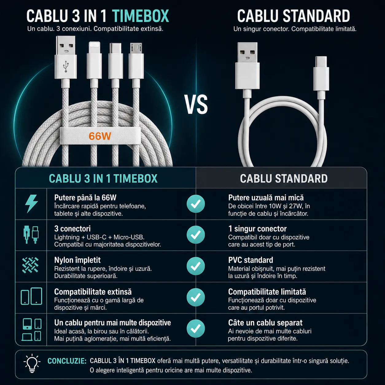Timebox 3 in 1 66W cablu incarcare gri 1,2m nylon