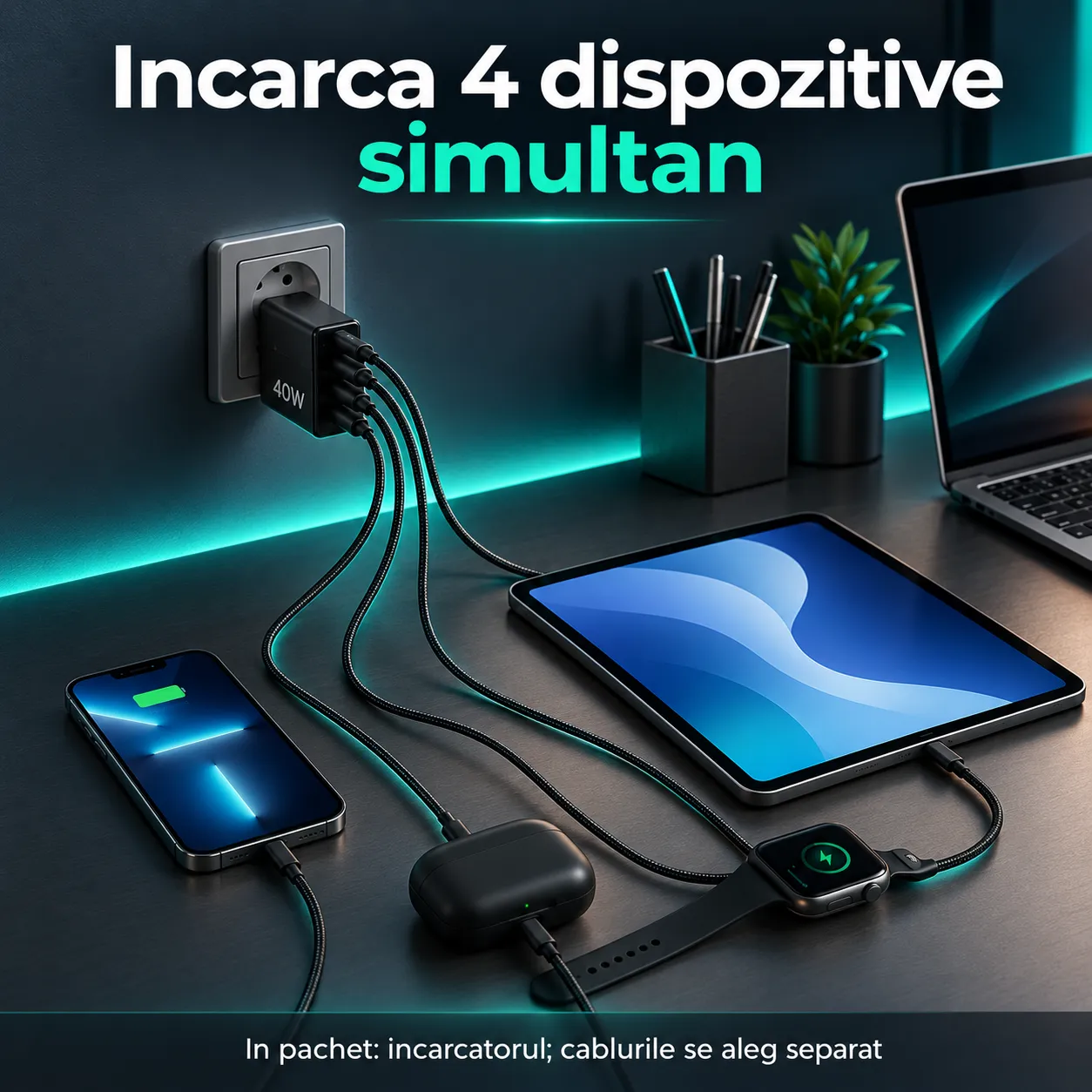 Timebox Incarcator Retea 4 Porturi 40W Negru