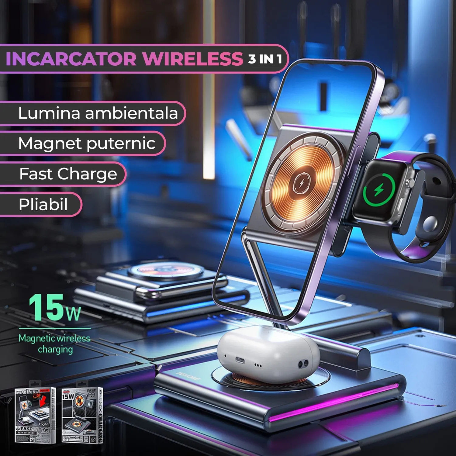 Timebox 15W statie wireless 3 in 1 pliabila gri RGB