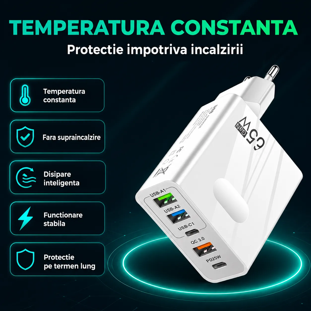 Timebox 65W incarcator retea 5 porturi alb QC3