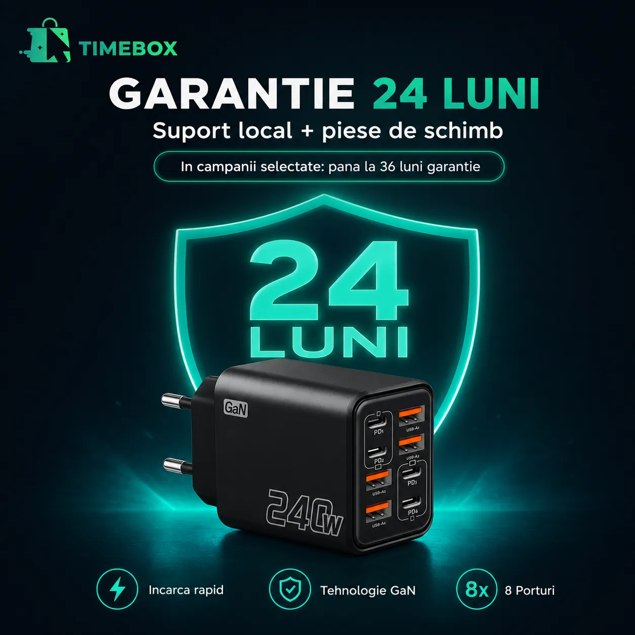Timebox 240W incarcator GaN 8 porturi USB-C USB-A