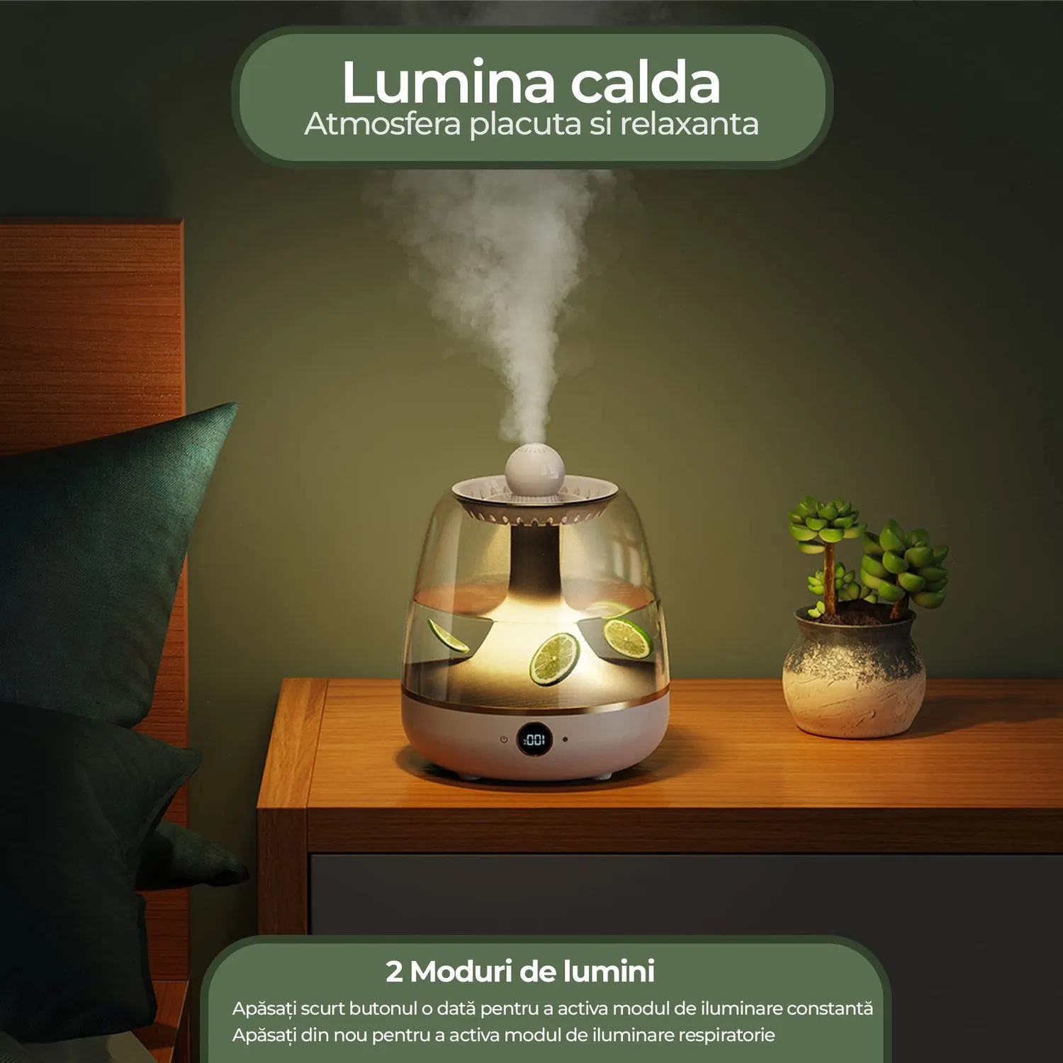 Timebox Difuzor Ulei Esential 1600ml Verde Umidificator aromatic