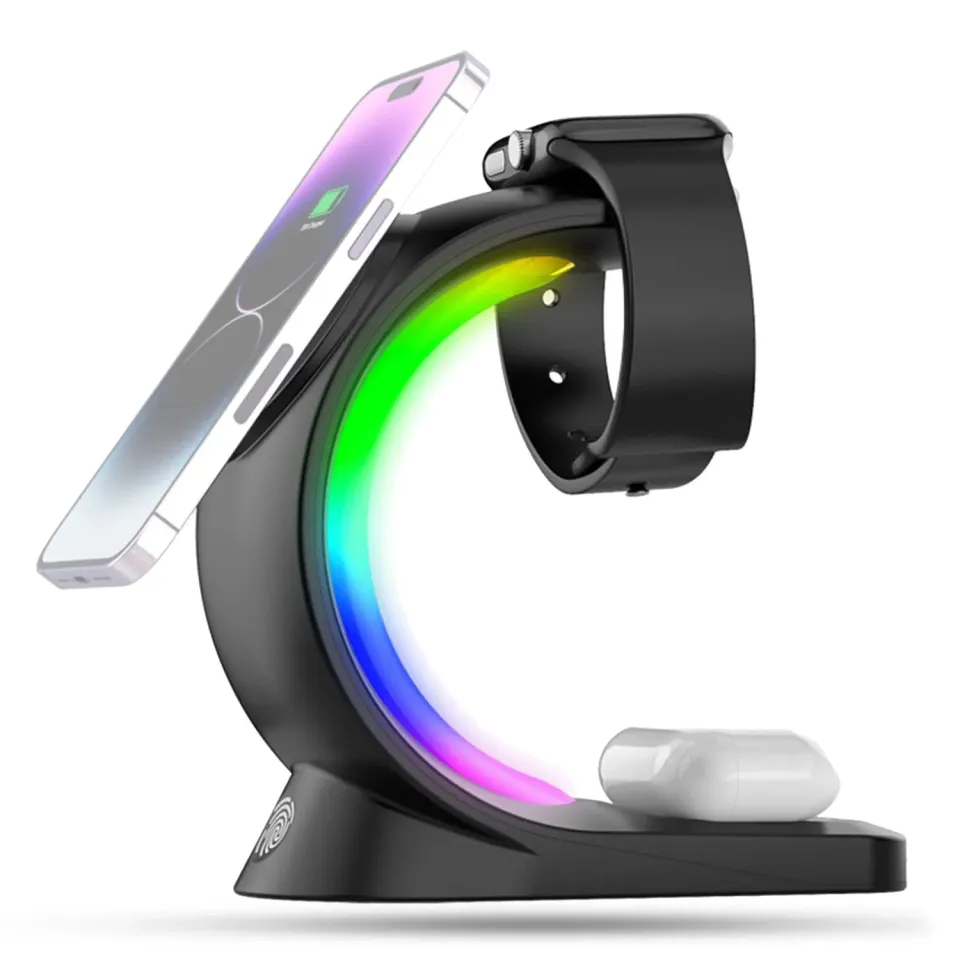 Timebox 3 in 1 incarcator wireless 15W MagSafe RGB