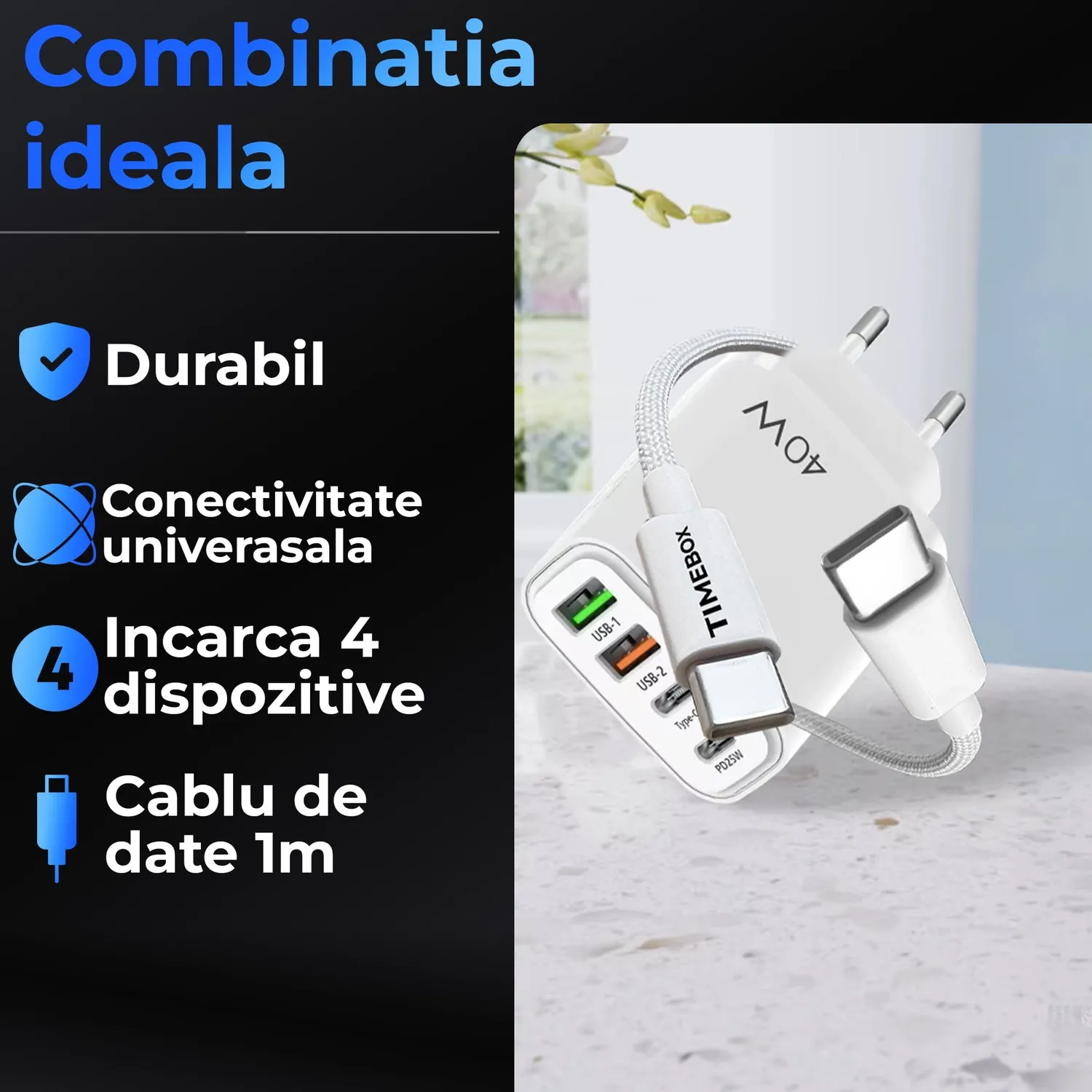 Incarcator Timebox 40W retea 4 porturi alb Type-C USB-A
