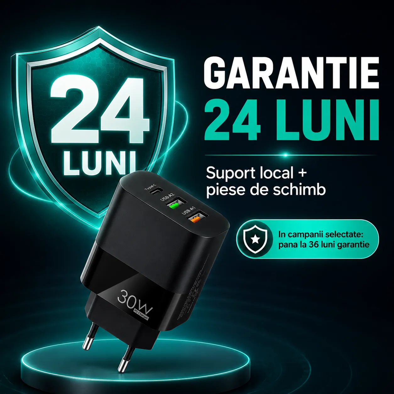 Timebox 30W incarcator priza negru 3 porturi LED