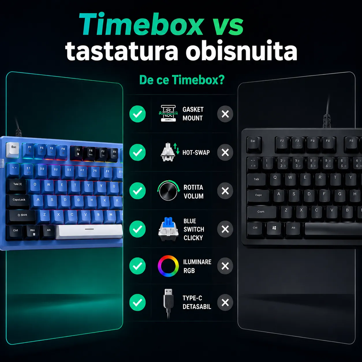 Timebox 75% Blue Switch tastatura mecanica albastra hot-swap