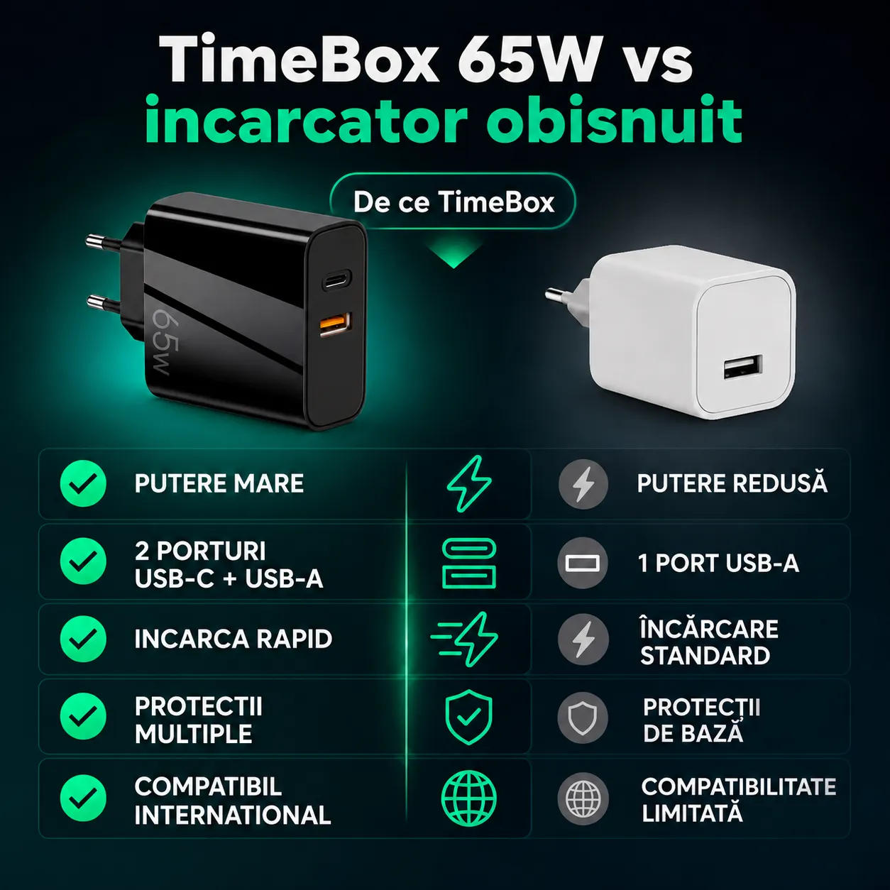 Timebox 65W Incarcator Retea 2 Porturi USB Type-C Negru GaN