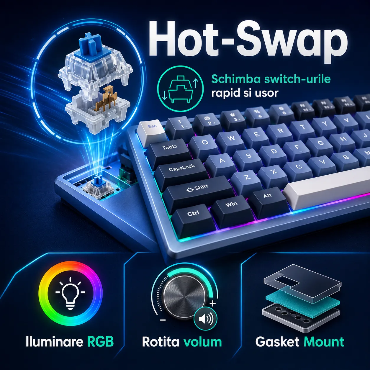Timebox 75% Blue Switch tastatura mecanica albastra hot-swap