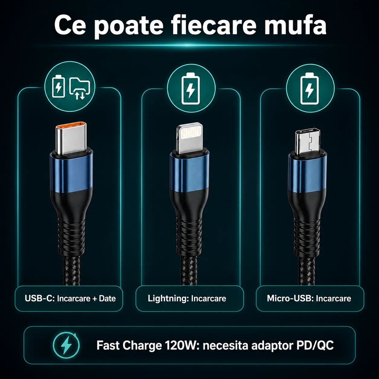 Timebox Cablu Incarcare 3 in 1 120W Nailon Albastru