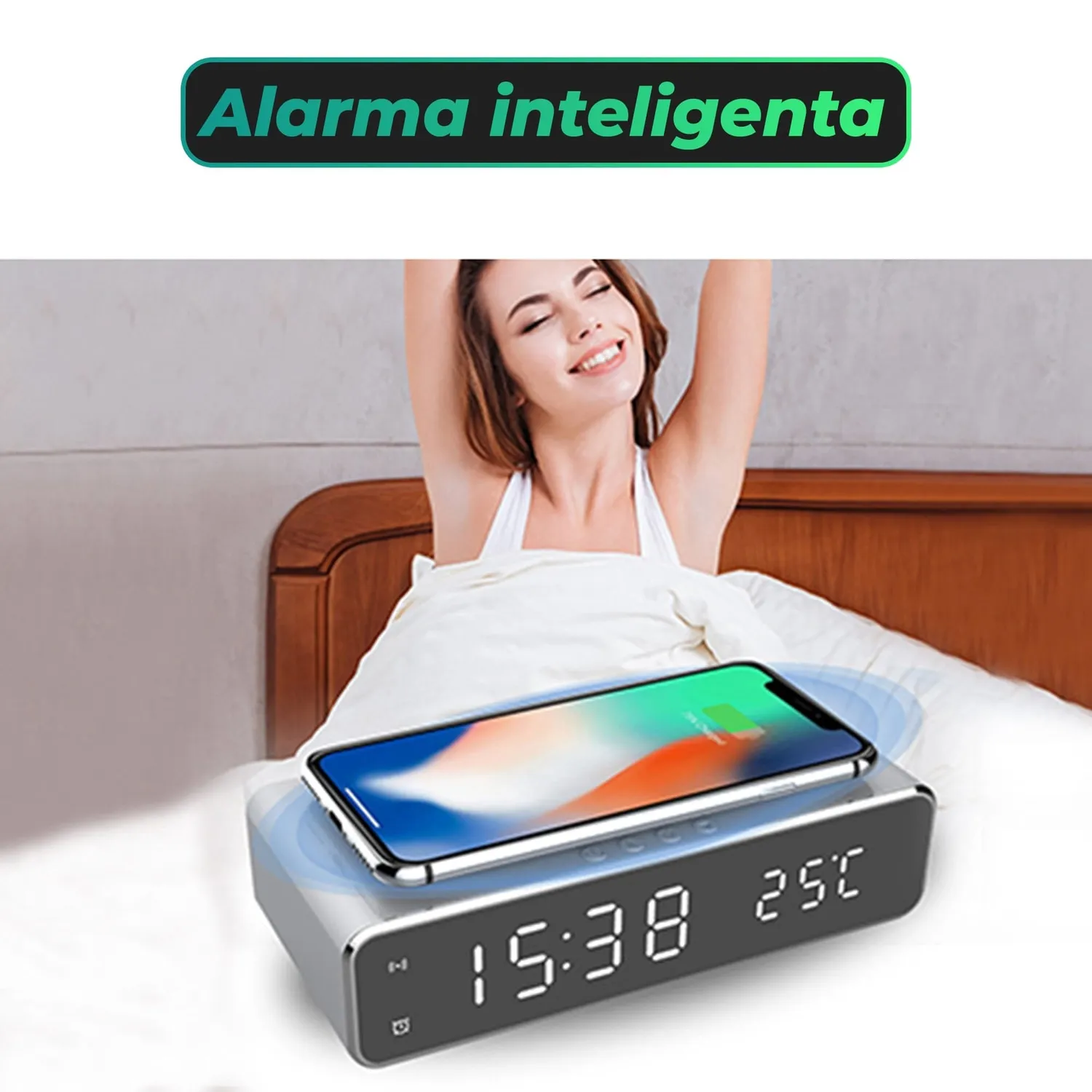 Timebox Incarcator Wireless 10W cu Ceas Negru