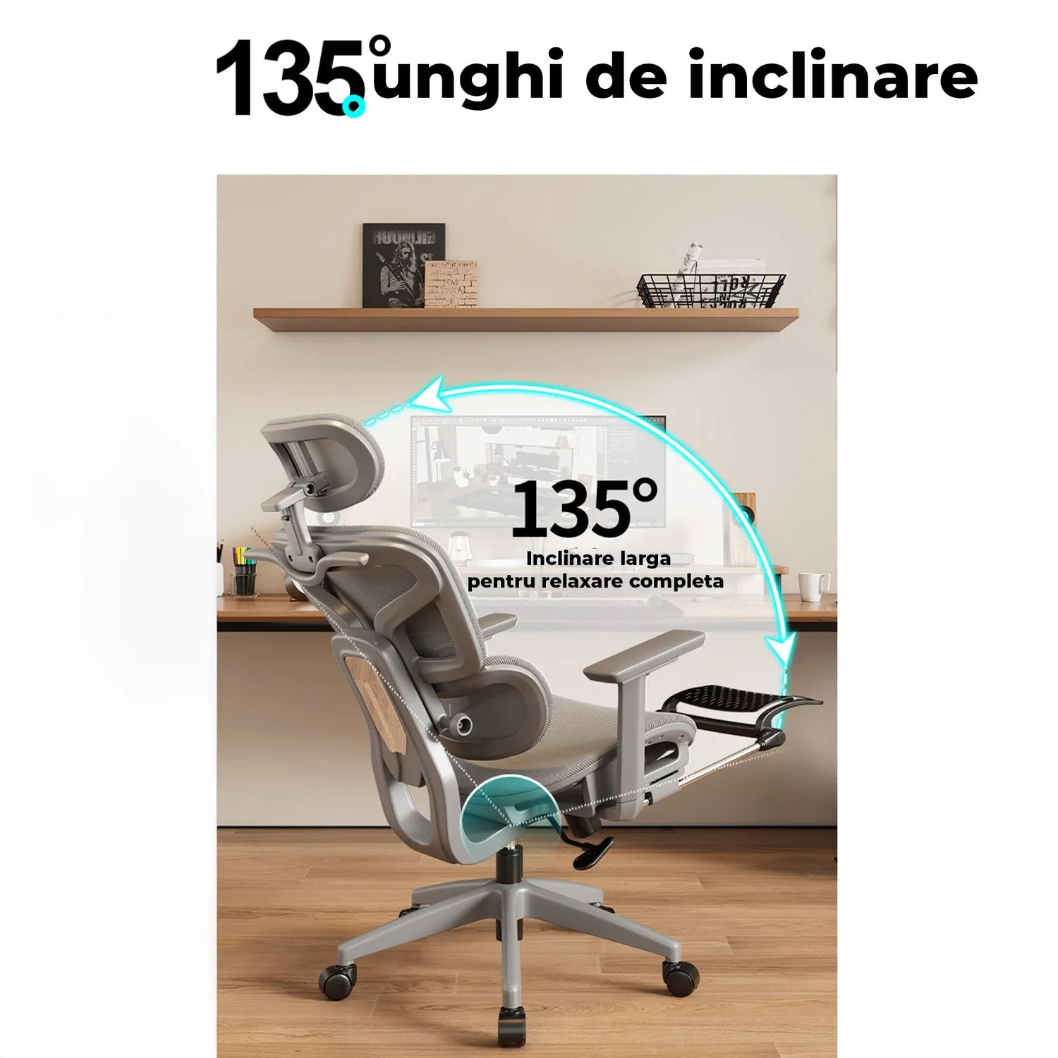 Timebox Scaun Ergonomic Gaming Birou Gri 360 Suport Lombar