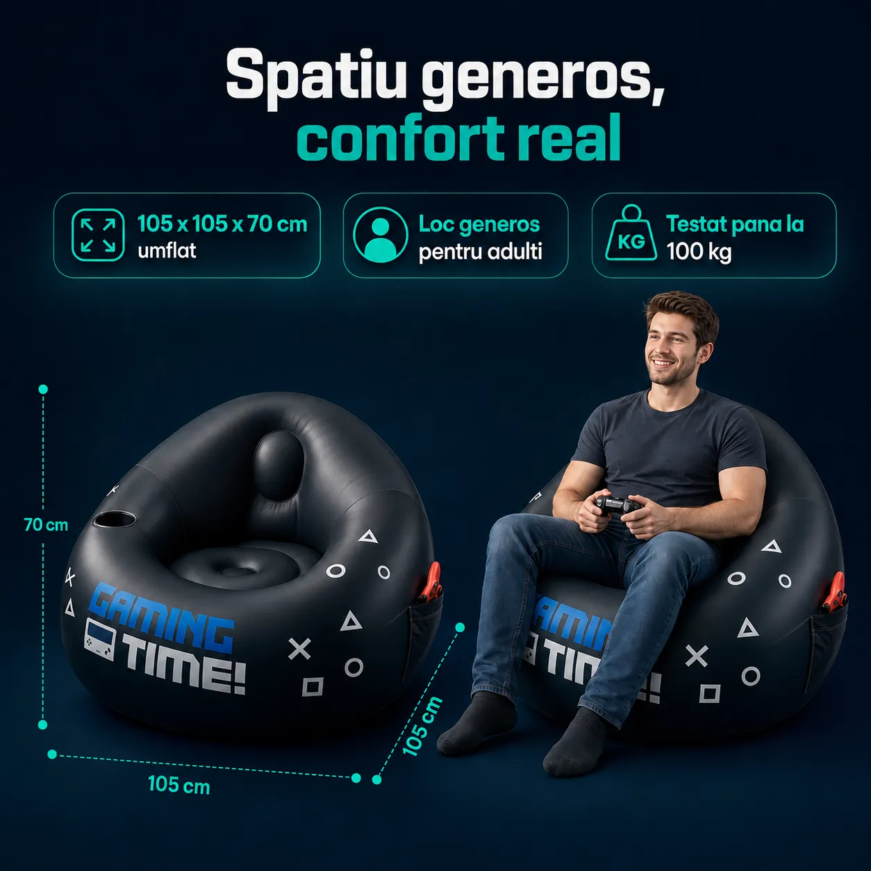Fotoliu gonflabil gaming Timebox negru cu suport pahar