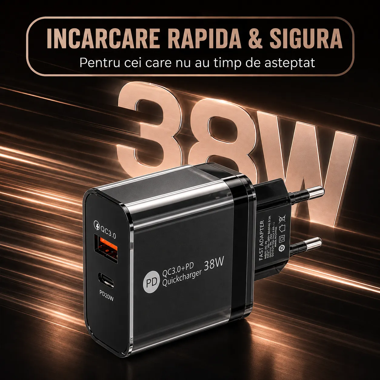 Timebox C 3 încărcător rețea 38W negru 2 porturi rapid