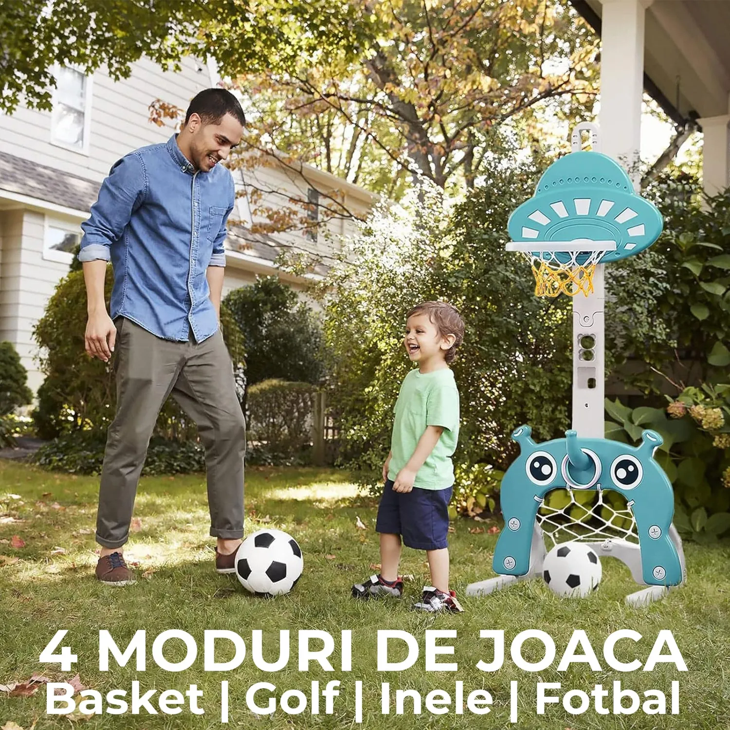 Timebox Set Joaca 4 in 1 Cos Baschet Poarta Fotbal Albastru