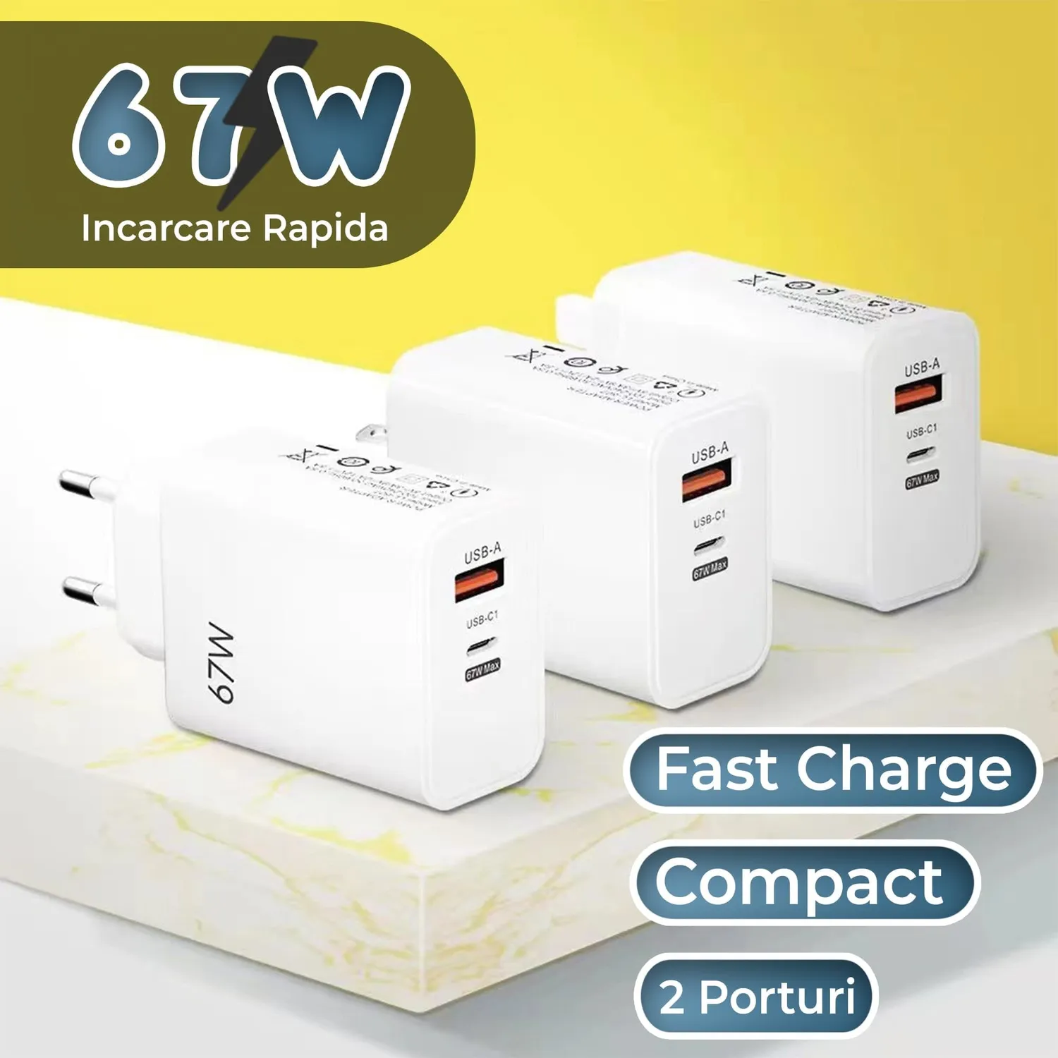 Timebox Încărcător rețea 67W 2 porturi alb fast charge