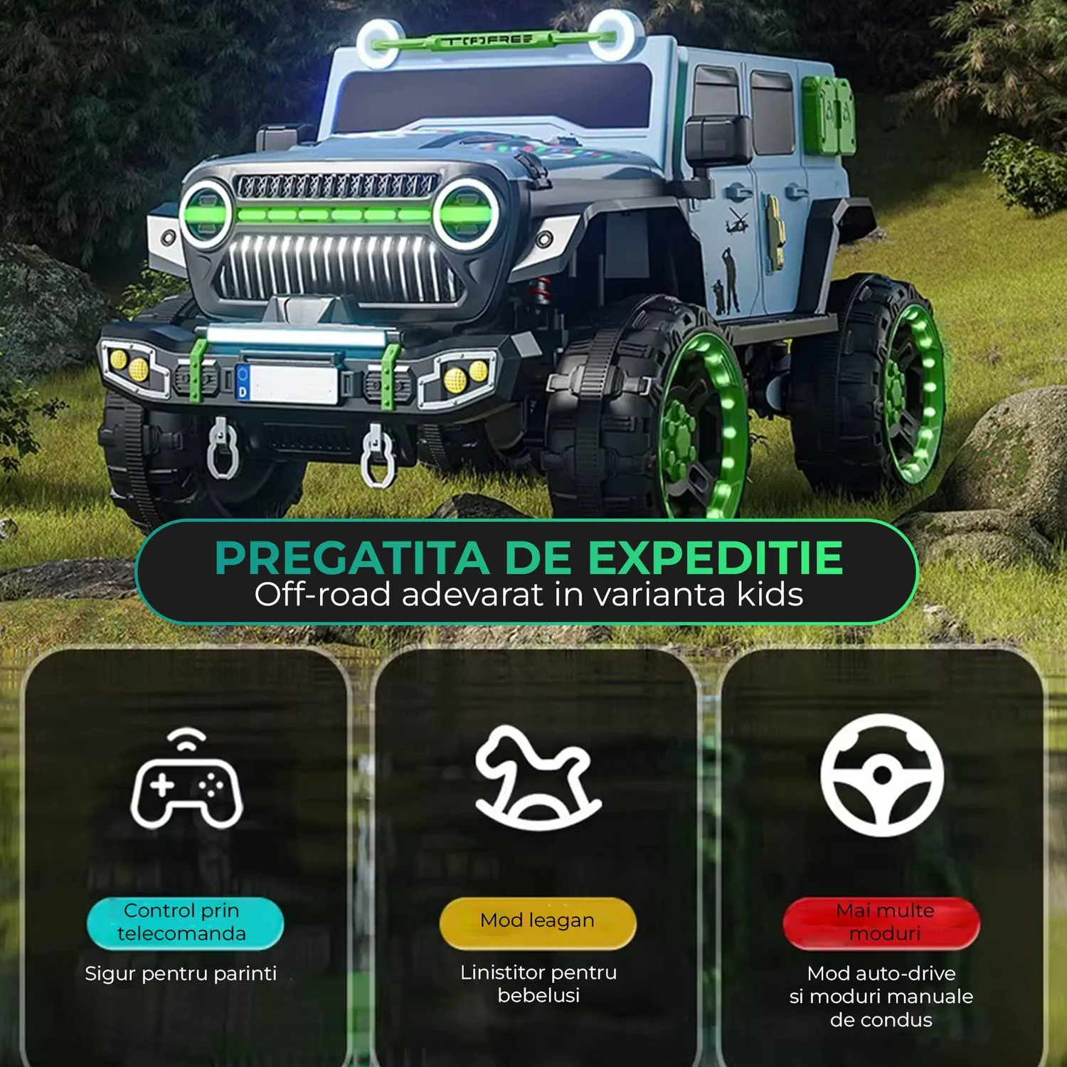 Timebox Jeep Wrangler 4x4 masinuta electrica Negru/Verde off-road