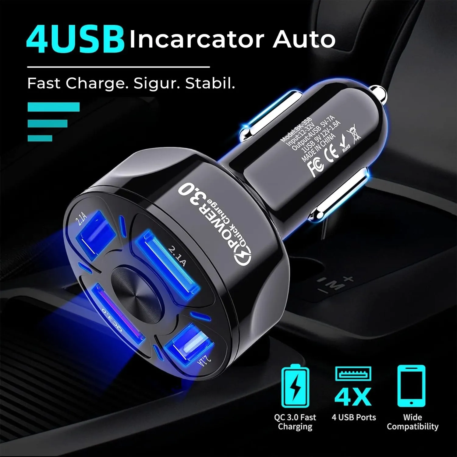 Timebox Super Fast-Charge incarcator auto negru 4xUSB QC3.0