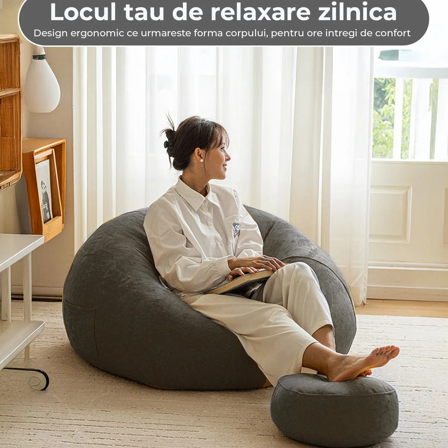 Timebox Bean Bag fotoliu puf gri impermeabil cu suport