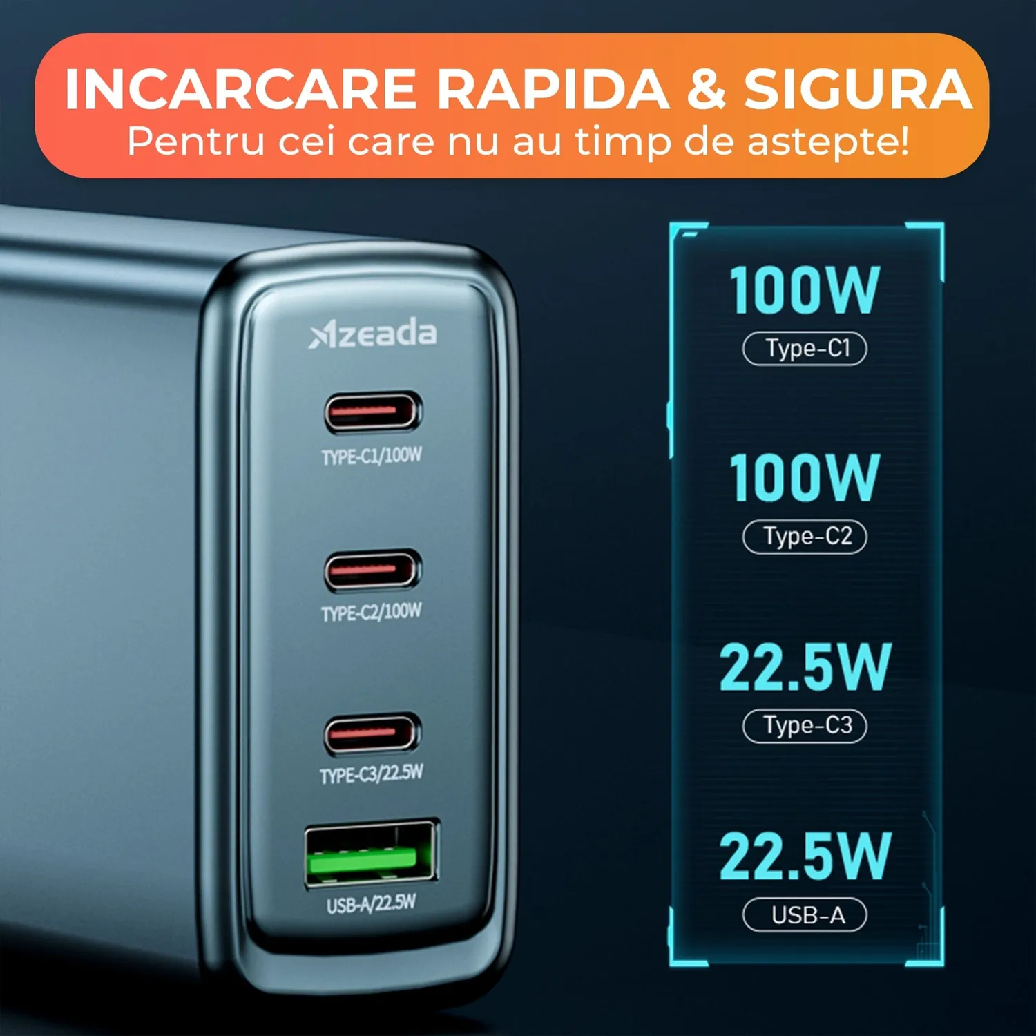Timebox 100W încărcător rețea Portocaliu 4 porturi