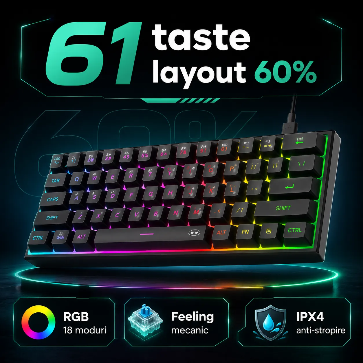 Timebox TS91 Tastatură gaming 60% RGB neagră waterproof