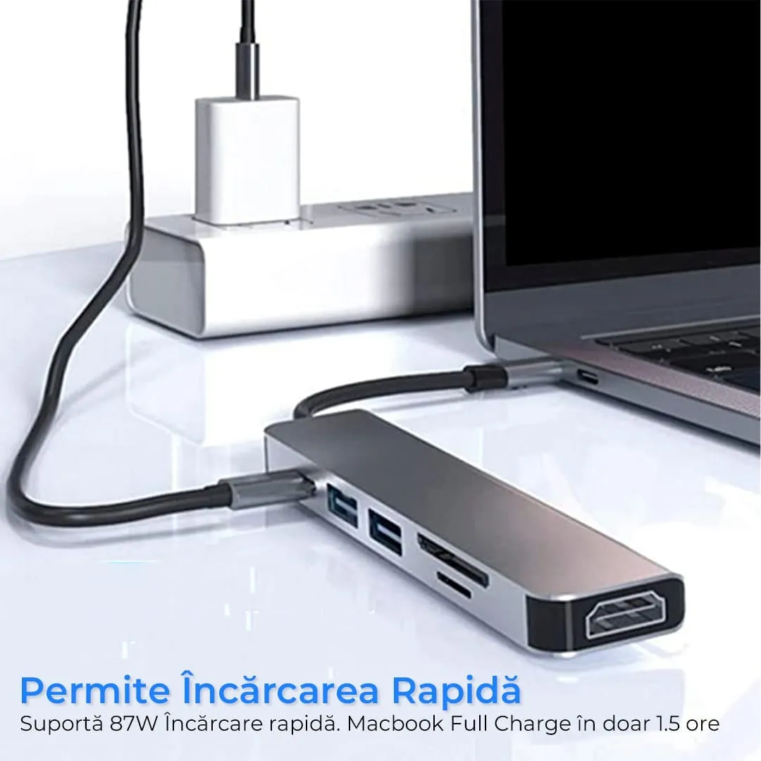 Timebox Hub USB 6 in 1 Type-C HDMI 4K Card Reader Argintiu