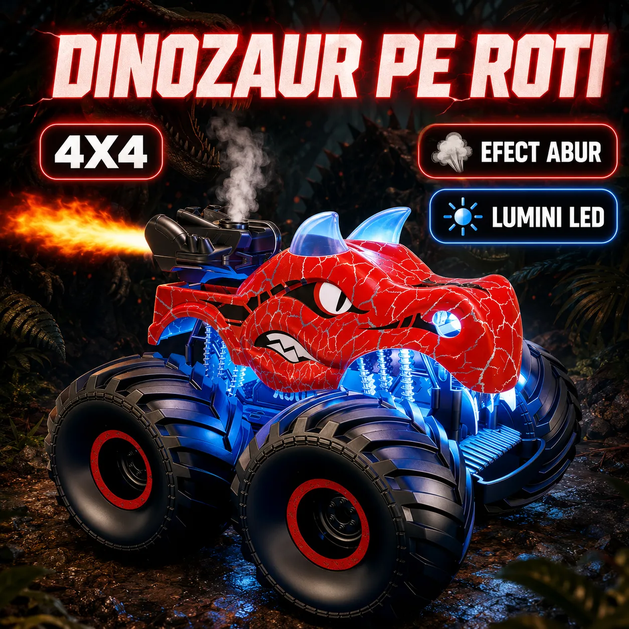 Timebox Masina RC Dinozaur 4x4 LED Rosu 360