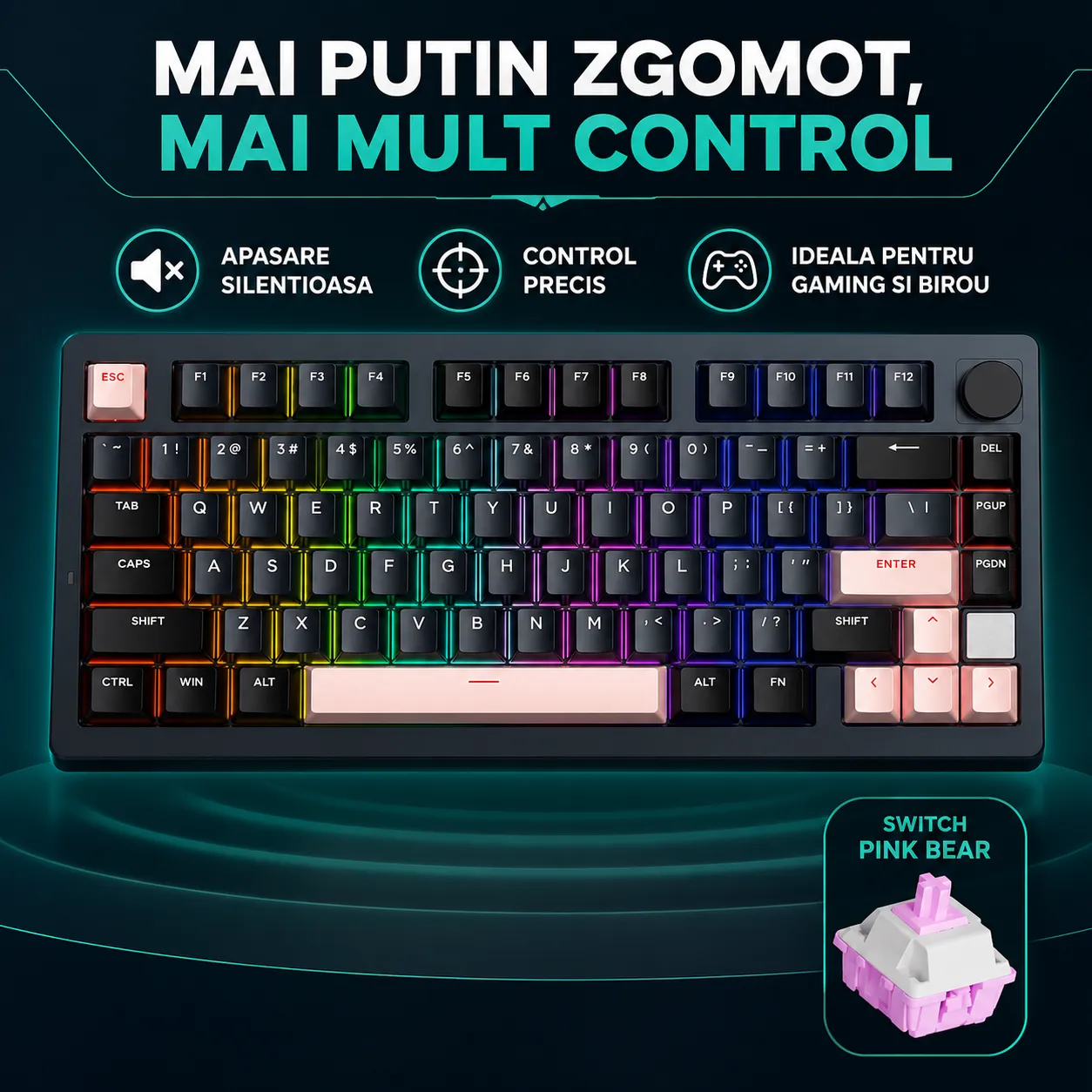 Timebox 75% tastatura mecanica wireless neagra Hot-Swap