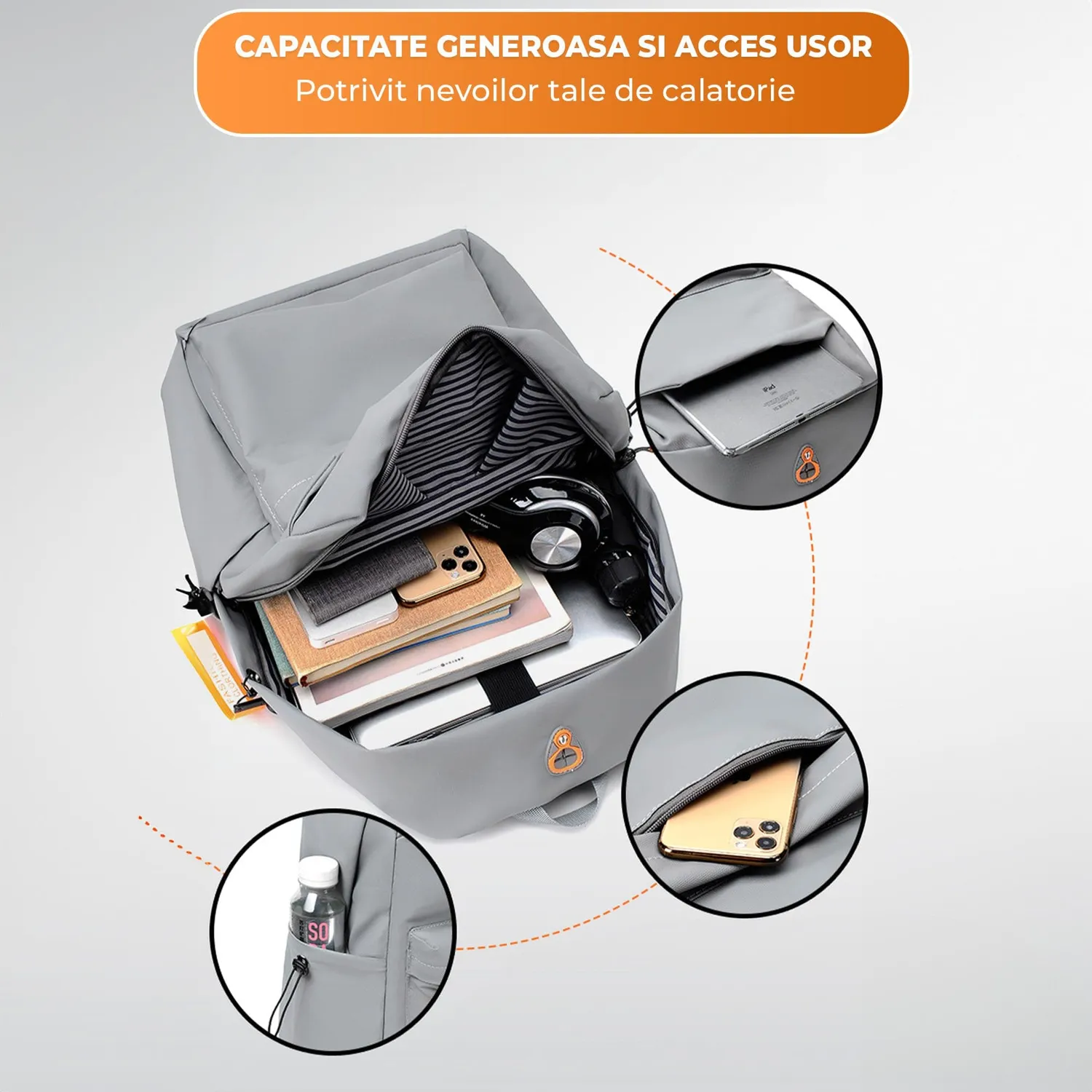 Timebox Waterproof ghiozdan laptop 16 inch gri 3 compartimente