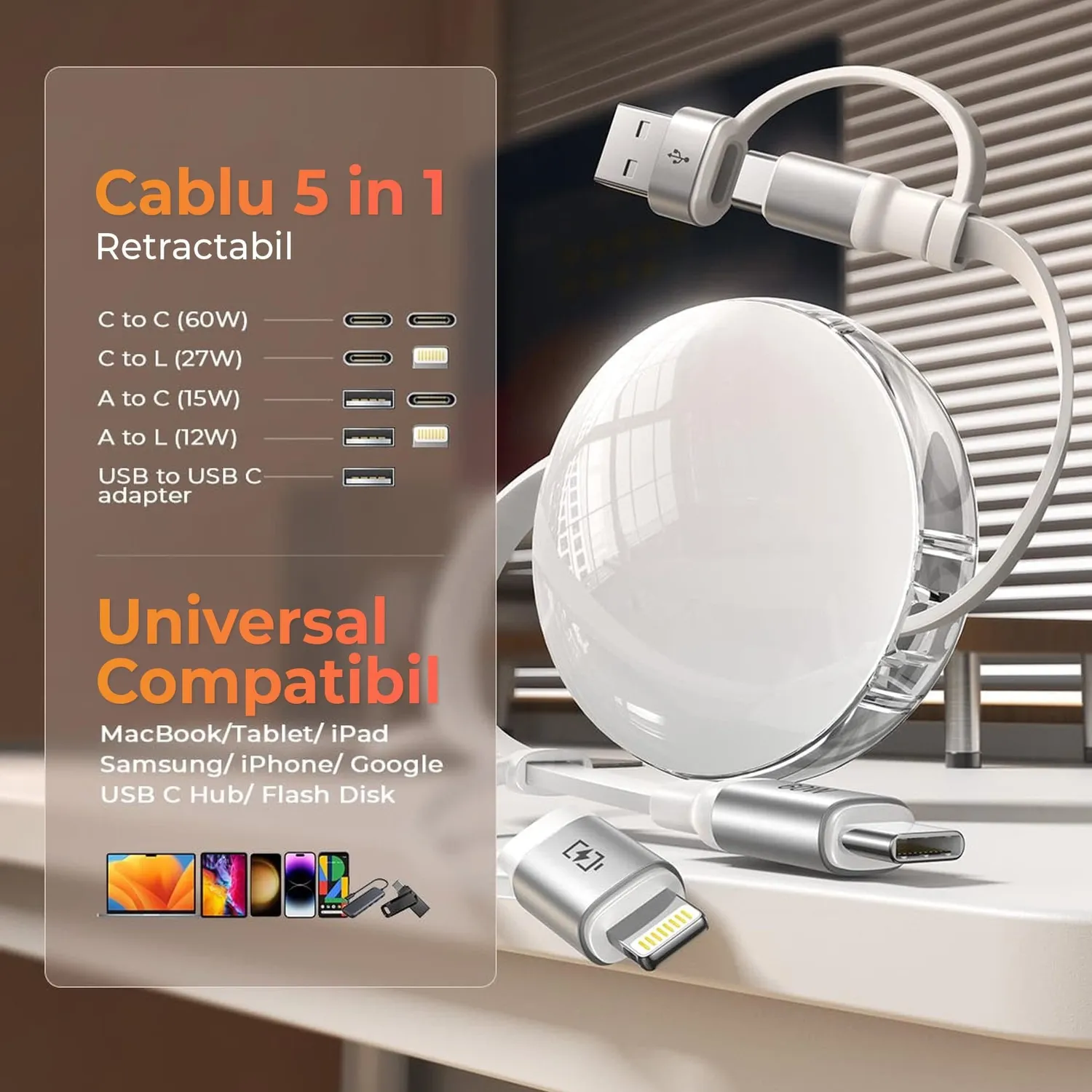 Timebox 5 in 1 cablu USB-C retractabil alb 60W 1m