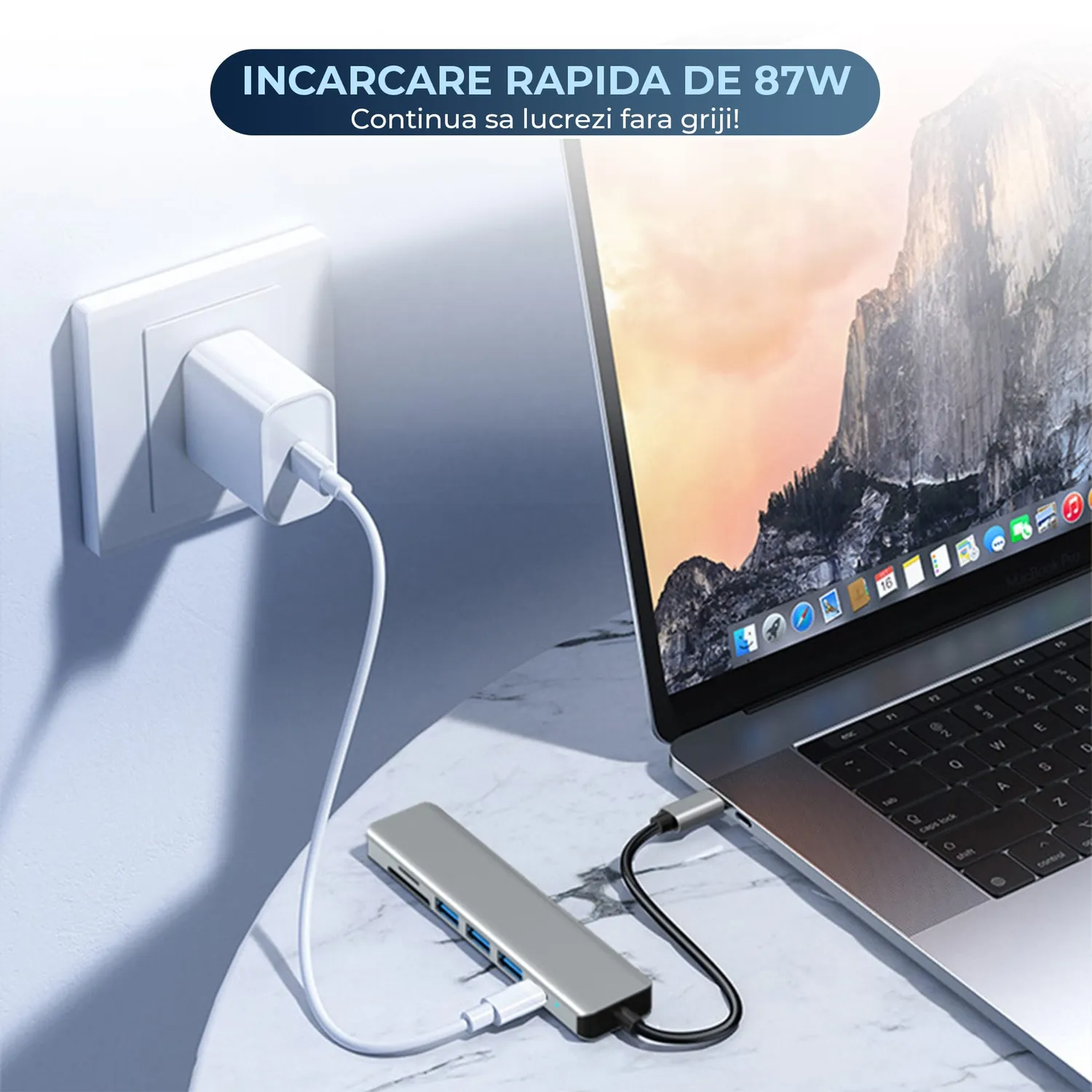 Timebox Hub USB 7 în 1 Type-C argintiu cu HDMI 4K