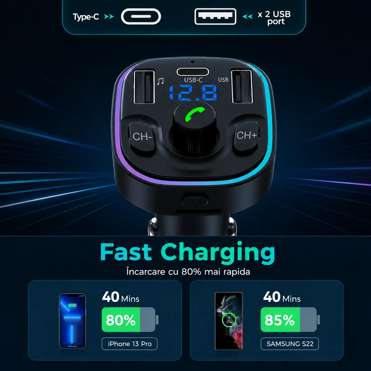 Timebox Modulator FM Bluetooth 5.0 handsfree negru QC3.0