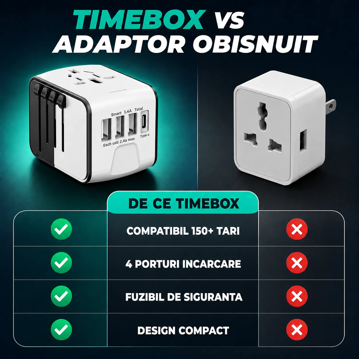 Timebox adaptor universal calatorie alb 3 USB Type-C