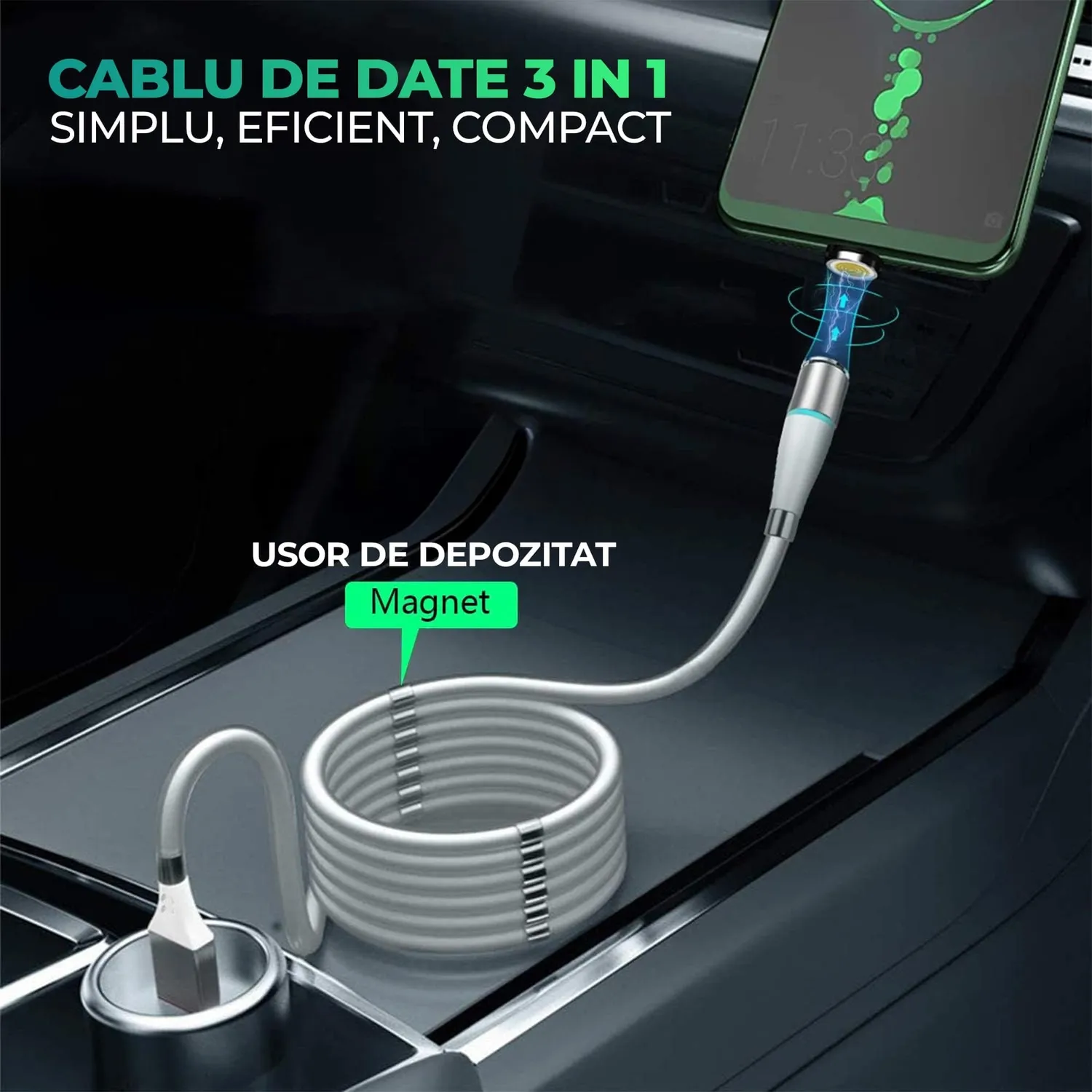 Timebox 3 in 1 Cablu Magnetic 1m Fast Charge USB