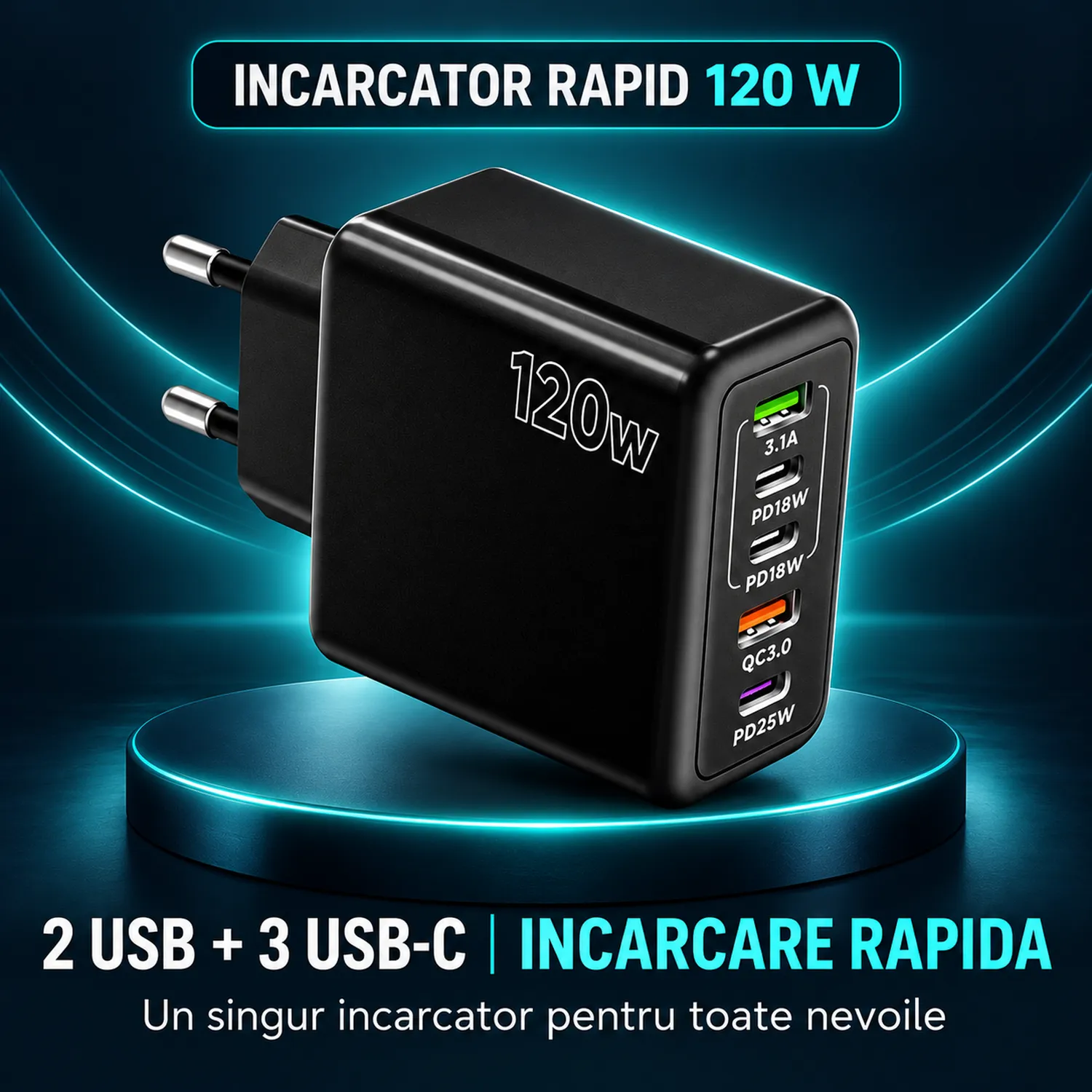 Timebox Încărcător rețea 5 porturi 120W 3x Type-C negru