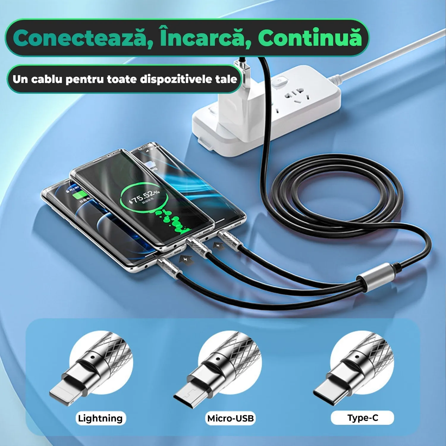 Timebox 120W cablu incarcare 3 in 1 1,2m negru QC3