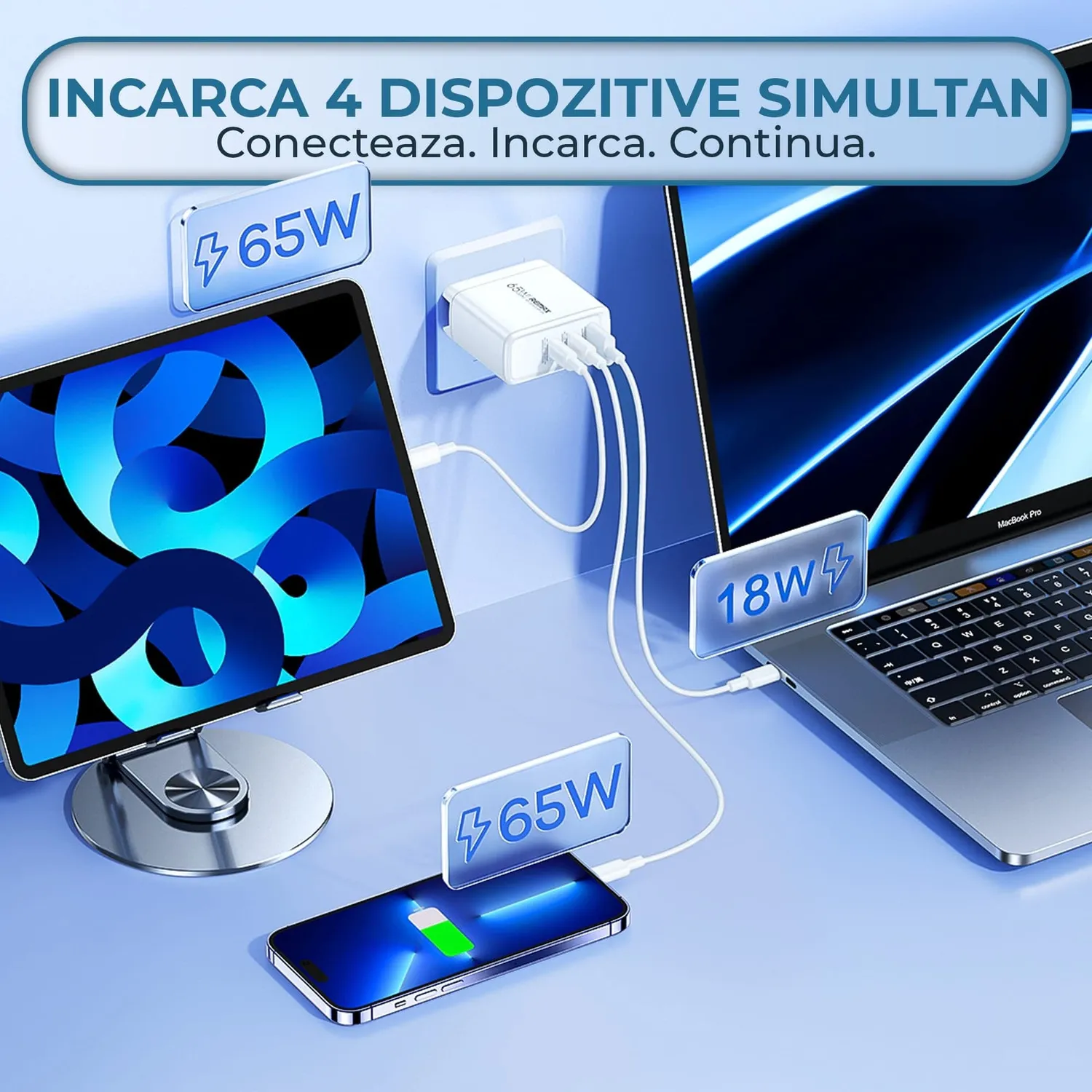 Timebox incarcator retea 65W 3 porturi alb Type-C USB laptop