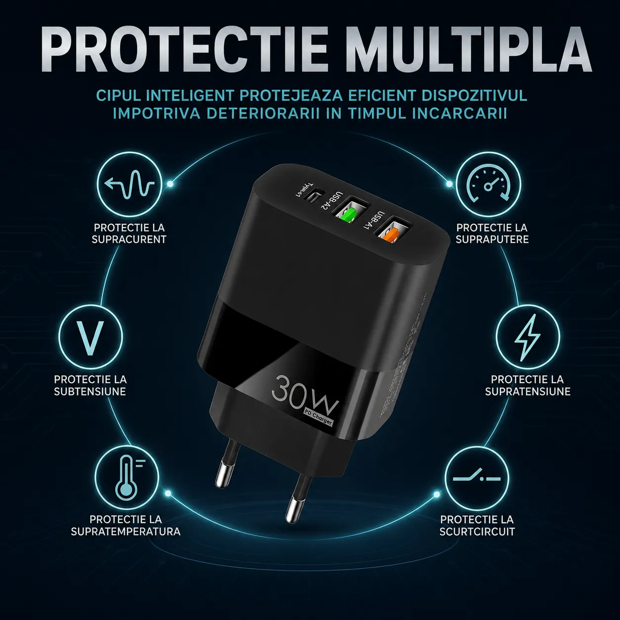 Timebox 30W incarcator priza negru 3 porturi LED