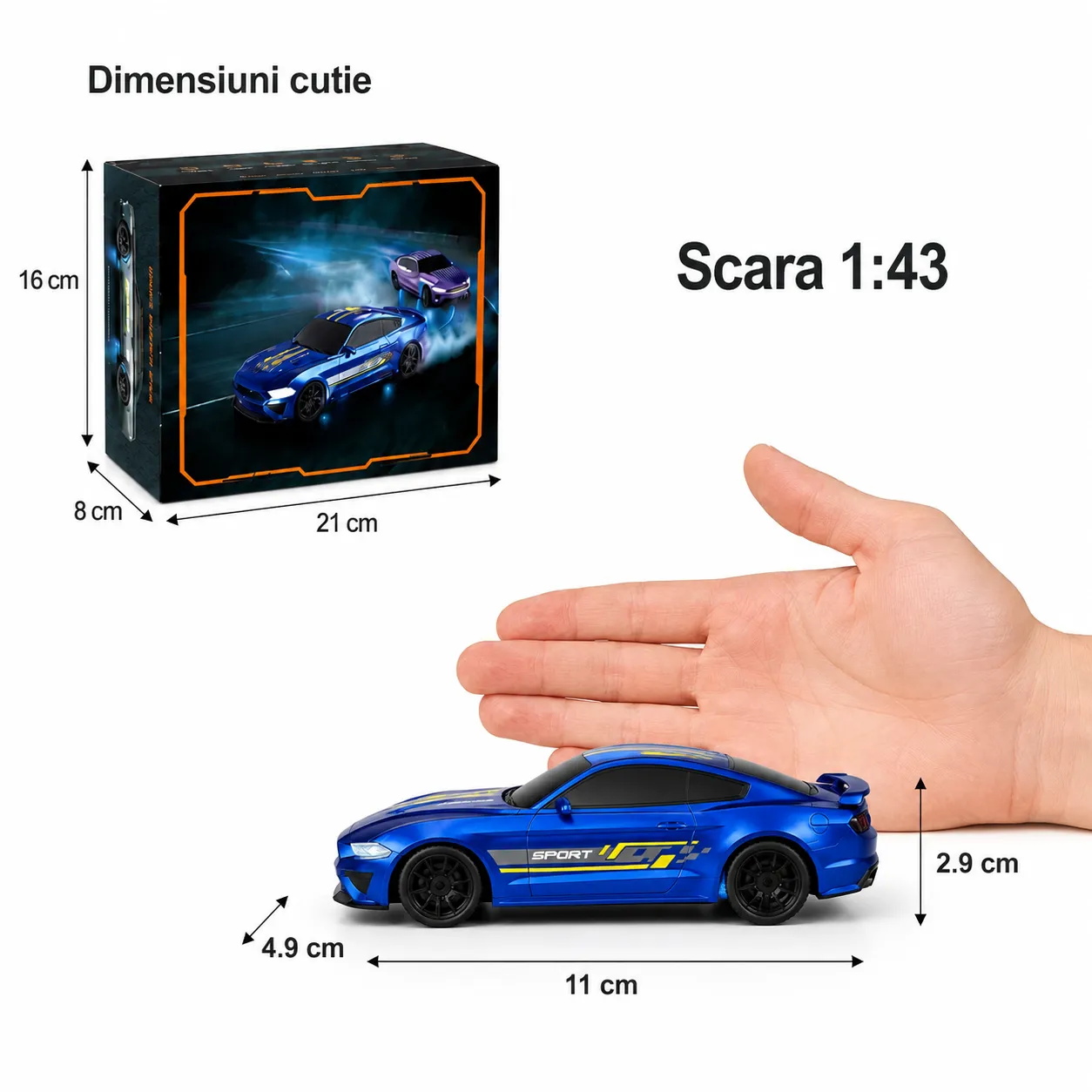 Masina RC drift Timebox 1:43 4WD albastra lumini