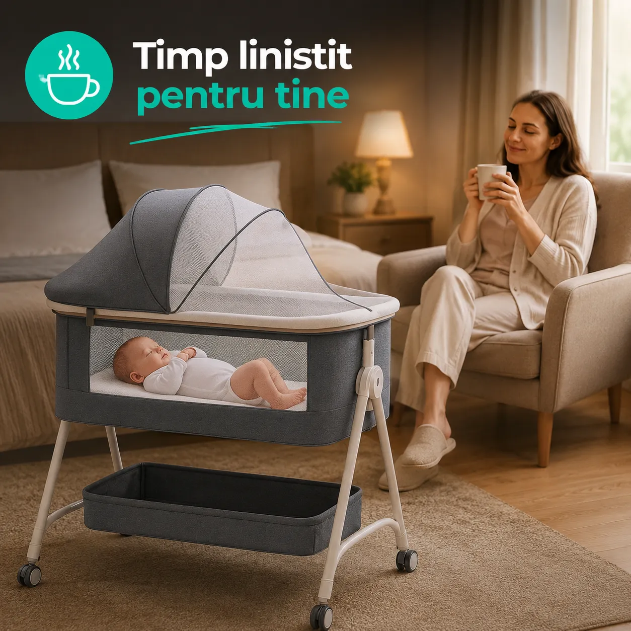 Timebox Pătuț Pliabil Co-Sleeper Gri cu Saltea