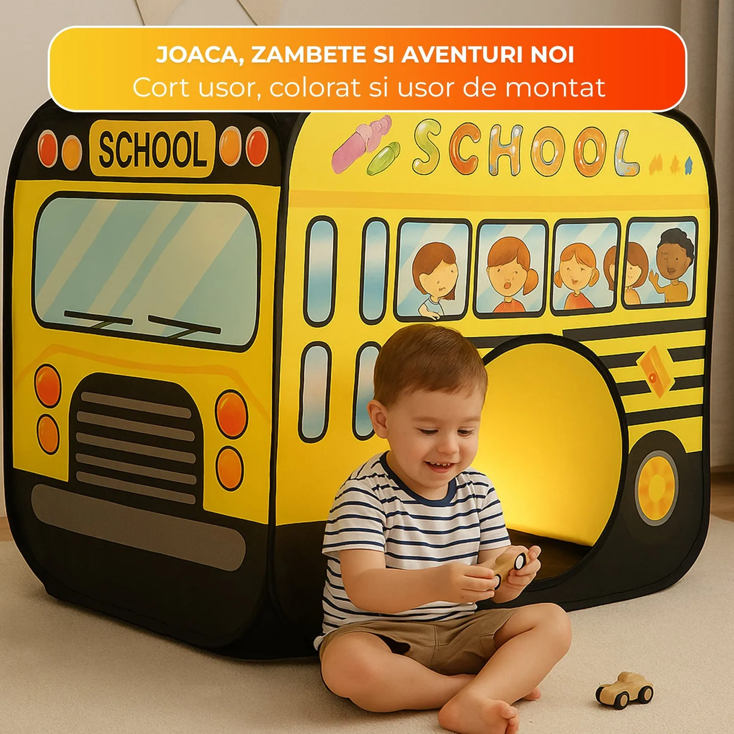Timebox cort joaca copii autobuz galben pop-up 1-5 ani