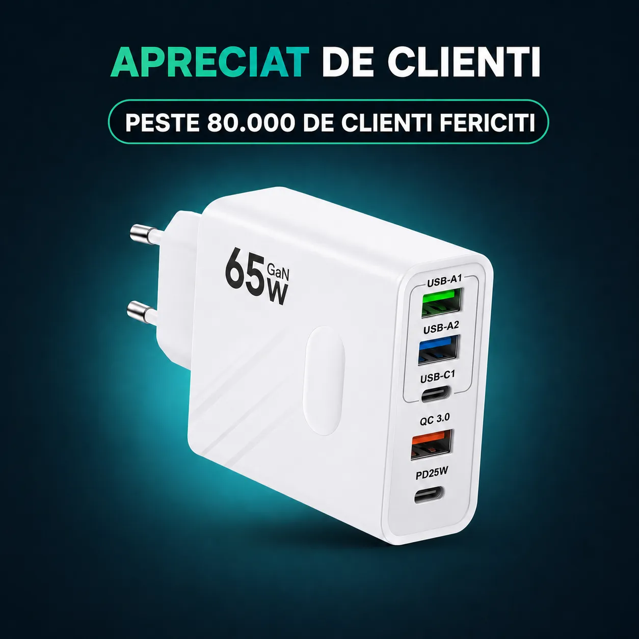 Timebox 65W incarcator retea 5 porturi alb QC3