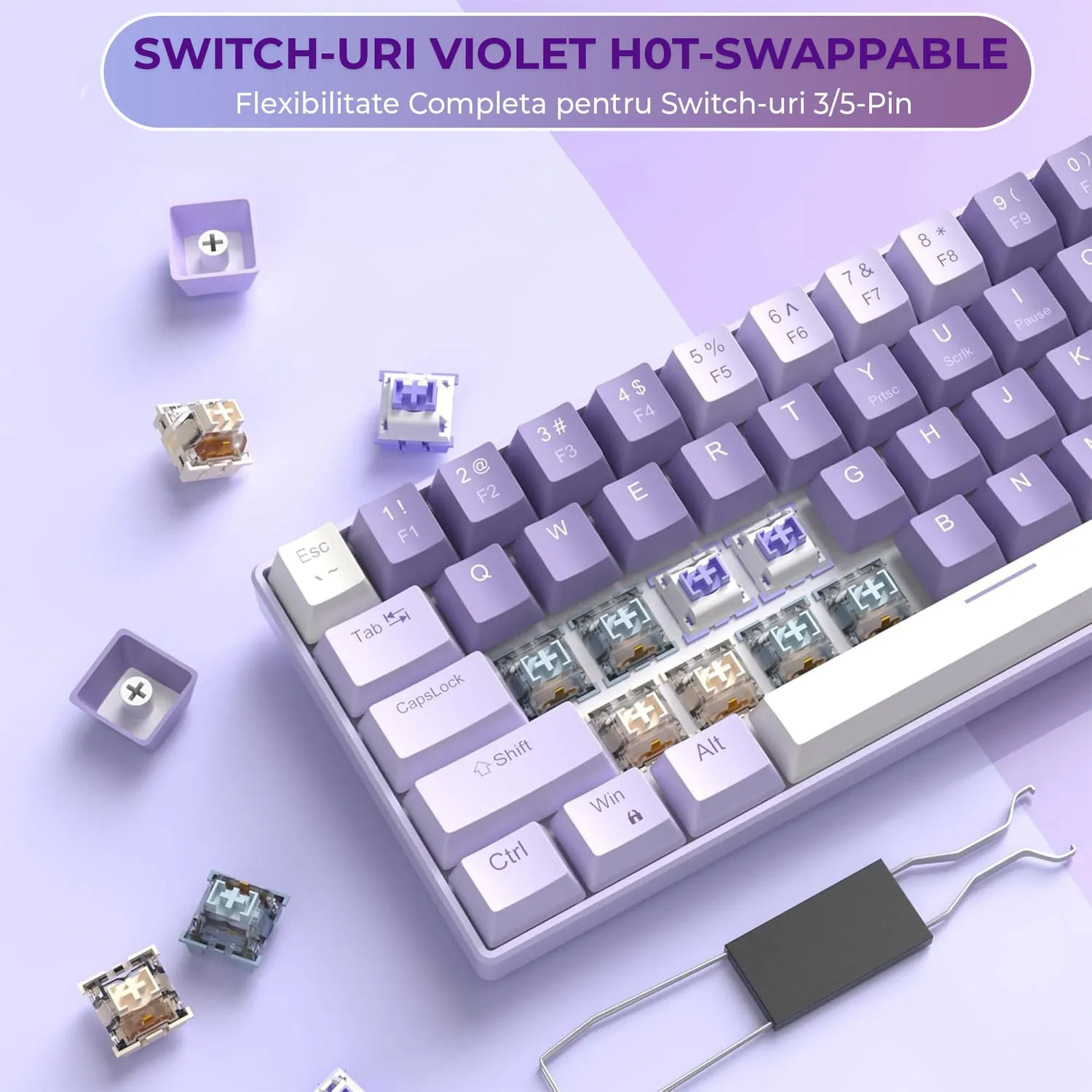 Tastatura gaming Timebox 60% Violet Switch mov