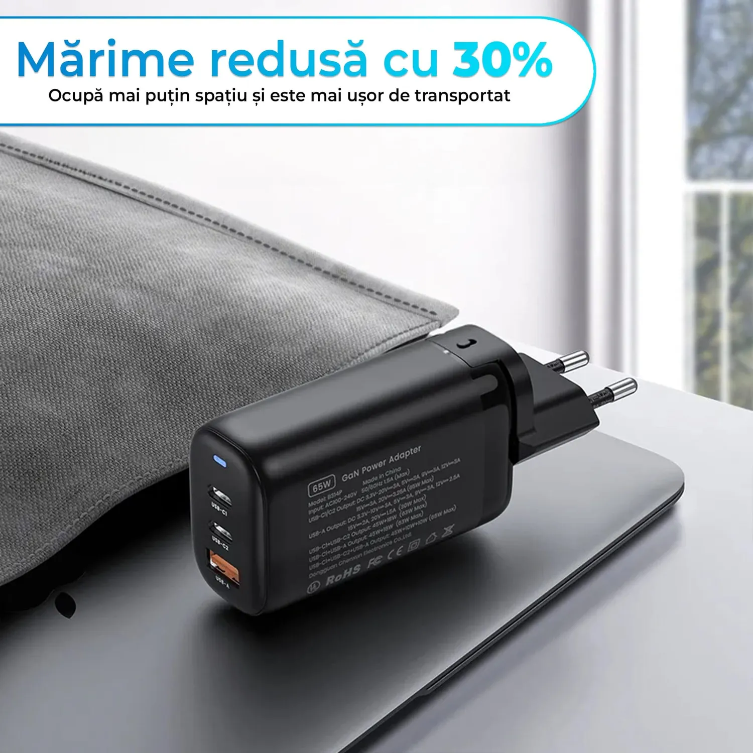 Timebox Incarcator Retea 65W 3 Porturi USB Type-C Negru