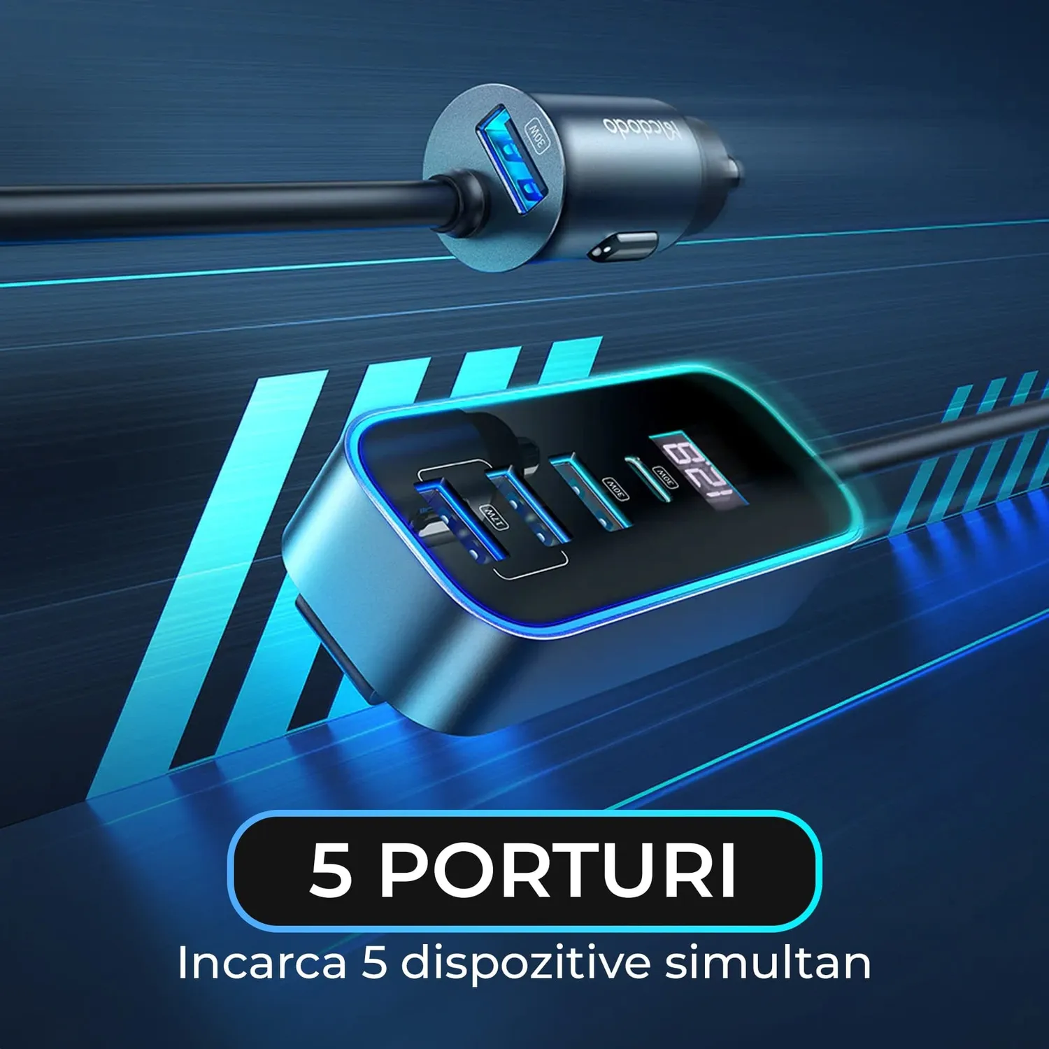 Timebox 107W incarcator auto negru 5 in 1 USB Type-C RGB